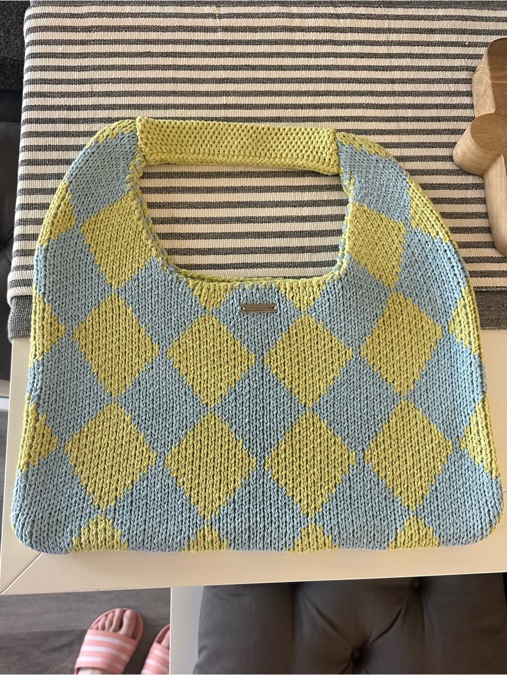 Kopari Yellow and Light Blue Argyle Knit Tote